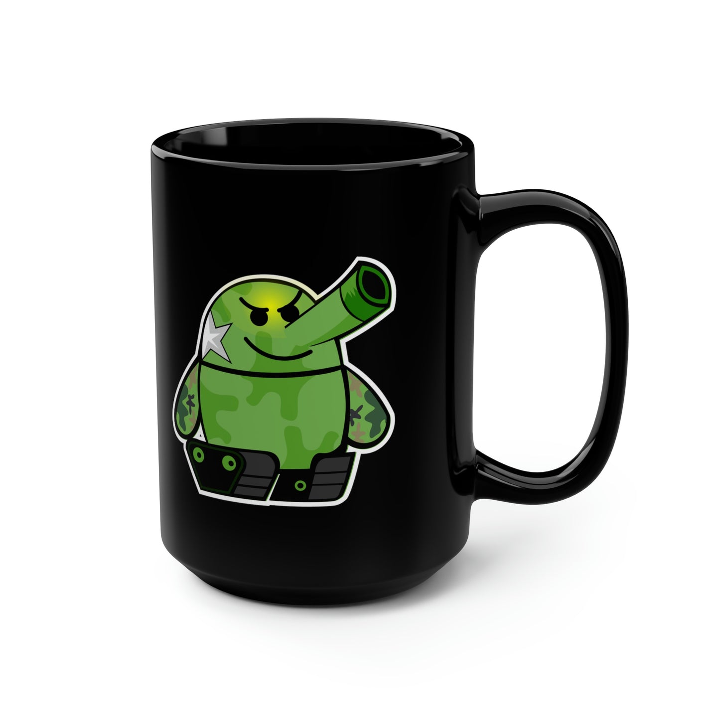 Smarmy Tank Cartoon Black Mug, 15oz