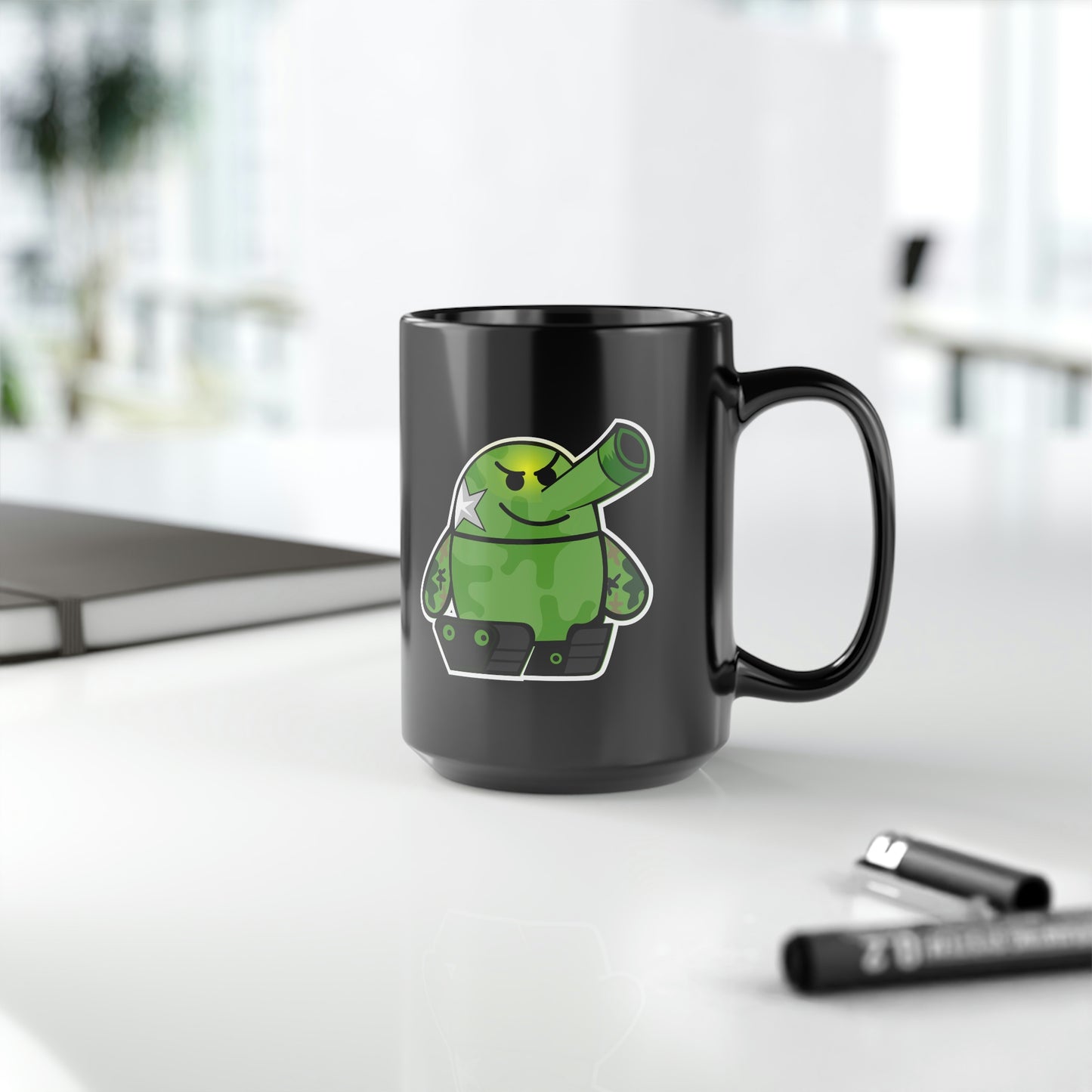 Smarmy Tank Cartoon Black Mug, 15oz