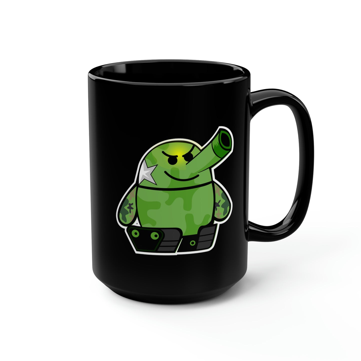 Smarmy Tank Cartoon Black Mug, 15oz